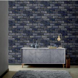 Arthouse Metallic Brick Navy Blue Wallpaper