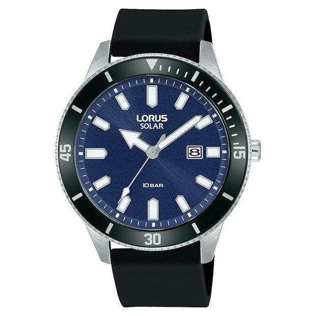 Buy Lorus Men s Solar Black Silicone Adjustable Strap Watch