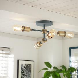 Habitat Tay 4 Light Flush to Ceiling Light - Grey & Brass