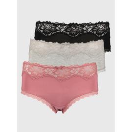 Pink, Grey & Black Lace Top Midi Knickers 3 Pack