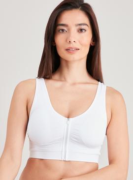 White Seamless Stretch Zip Front Crop Top