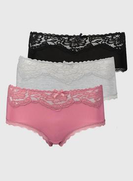 Grey, Pink & Black Lace Top Midi Knickers 3 Pack 