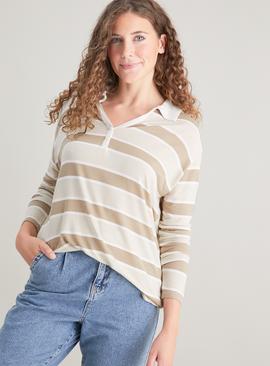 Neutral Stripe Collared Henley Relaxed Fit Top