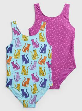 Blue Spotty Cat & Purple Dotty Swimsuit 2 Pack 9 years