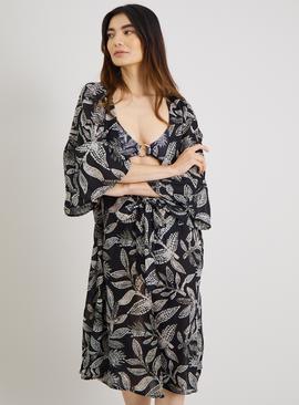 Mono Leaf Print Long Line Cover Up