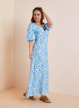 Everbelle Blue Floral Tuck Sleeve Midaxi Dress 