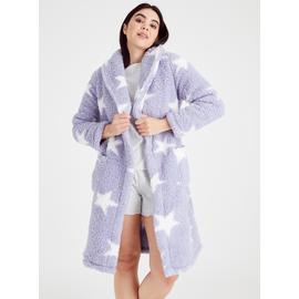 Lilac Star Print Borg Dressing Gown