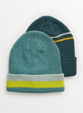 Green Stripe Beanie Hat 2 Pack