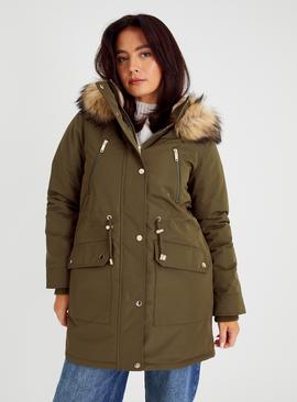Khaki Faux Fur Hooded Parka Coat