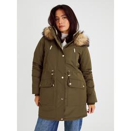 Khaki Faux Fur Hooded Parka Coat