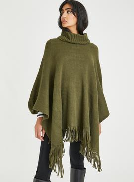 Khaki Roll Neck Poncho One Size