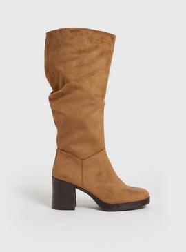 Tan Faux Suede Long Platform Boots