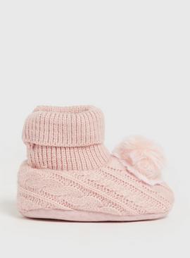 Pink Cable Knit Pom Pom Booties 6-9 months