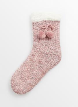 Pink Sequin Pom Pom Slipper Socks 4-8