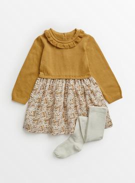 Mustard Floral Dress & Tights