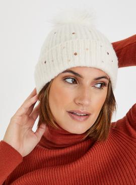 Cream Ribbed Embellished Beanie Hat One Size