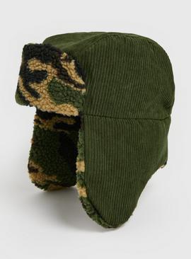 Green Corduroy & Camo Fleece Trapper Hat
