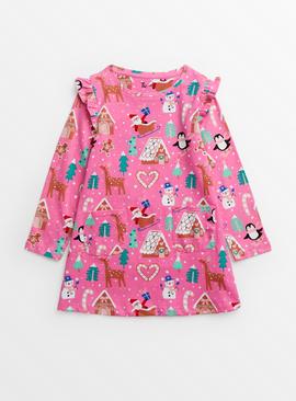 Pink Christmas Print Dress