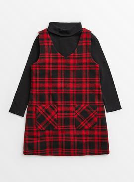 Red Check Pinafore Dress & Top Set