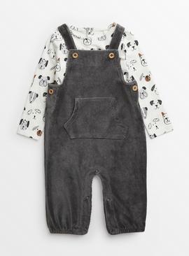 Grey Cord Dungarees & Dog Print Bodysuit