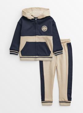 Stone & Navy Colour Block Hoodie & Joggers
