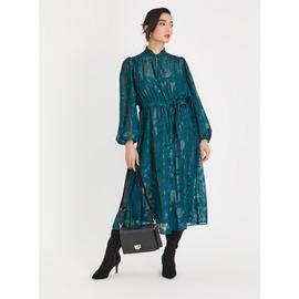 Green Jacquard Floral Belted Midi Dress
