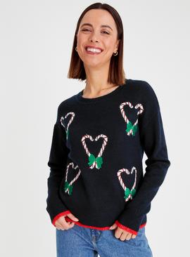 Navy Candy Cane Heart Christmas Jumper