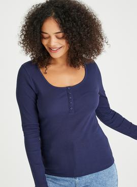 Navy Henley Long Sleeve Top