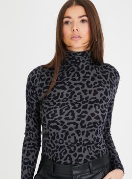 Charcoal Animal Print Roll Neck Top