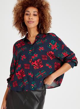 Navy Present Print Christmas Shirt
