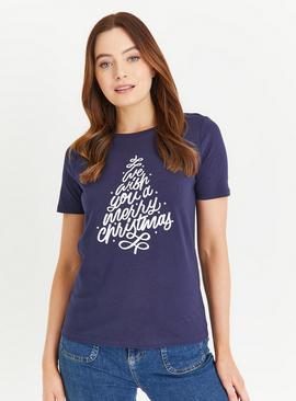 Navy Christmas Tree Graphic T-Shirt