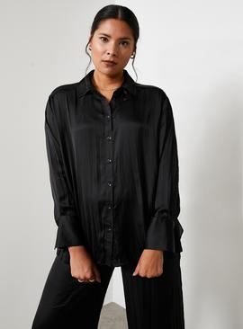 For All The Love Black Crushed Floaty Satin Co-ord Shirt 