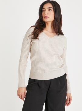 Cream V Neck Ribbed Jumper