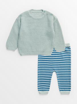 Seafoam Jumper & Stripe Knitted Bottoms 3-6 months