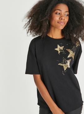 Black Sequin Star Embellished Top