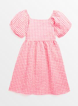Neon Pink Woven Gingham Dress 6 years