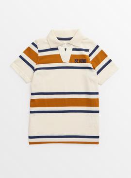 Tan Stripe Slogan Short Sleeve Polo Shirt 7 years
