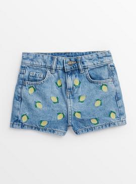 Lemon Embroidered Mid Blue Denim Shorts  