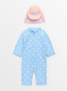 Blue Spot Print Swimsuit & Pink Star Print Keppi Hat Set 3-6 months