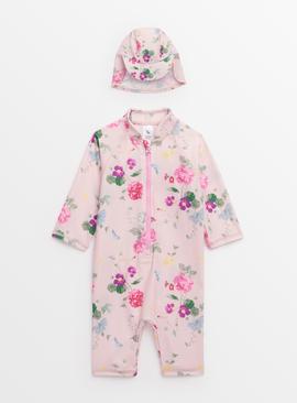 Pink Floral Print Swimsuit & Keppi Hat 9-12 months