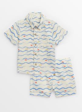 Cream Wave Sea Theme Shirt & Shorts Set 9-12 months