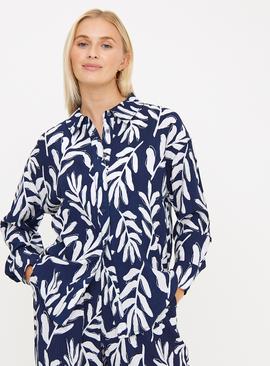 Navy Leaf Print Relaxed Fit Textured Coord Shirt 
