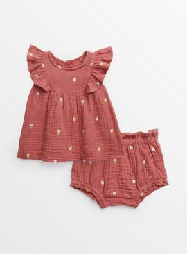 Red Floral Embroidered Woven Top & Shorts Set 18-24 months