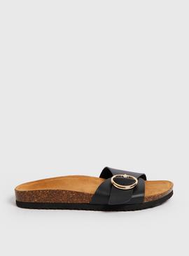 Black Faux Leather Buckle Slip On Sandals  