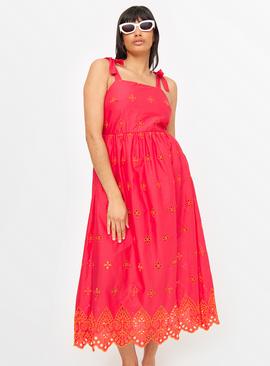Pink Embroidered Broderie Midi Dress 