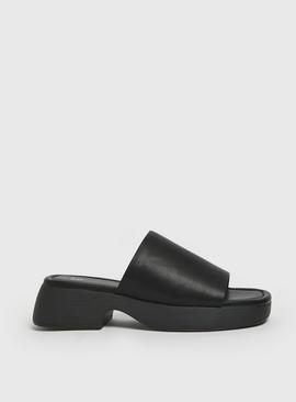 Black Faux Leather Wedge Mule Sandals  