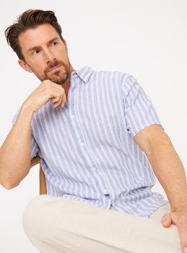Blue Linen Blend Dual Stripe Short Sleeve Shirt  
