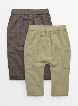 Khaki & Charcoal Woven Trousers 2 Pack 