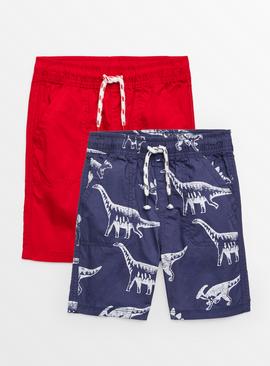 Navy Dino Print & Red Poplin Shorts 2 Pack 