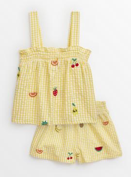 Yellow Gingham Fruit Embroidered Top & Shorts Set 6-7 years